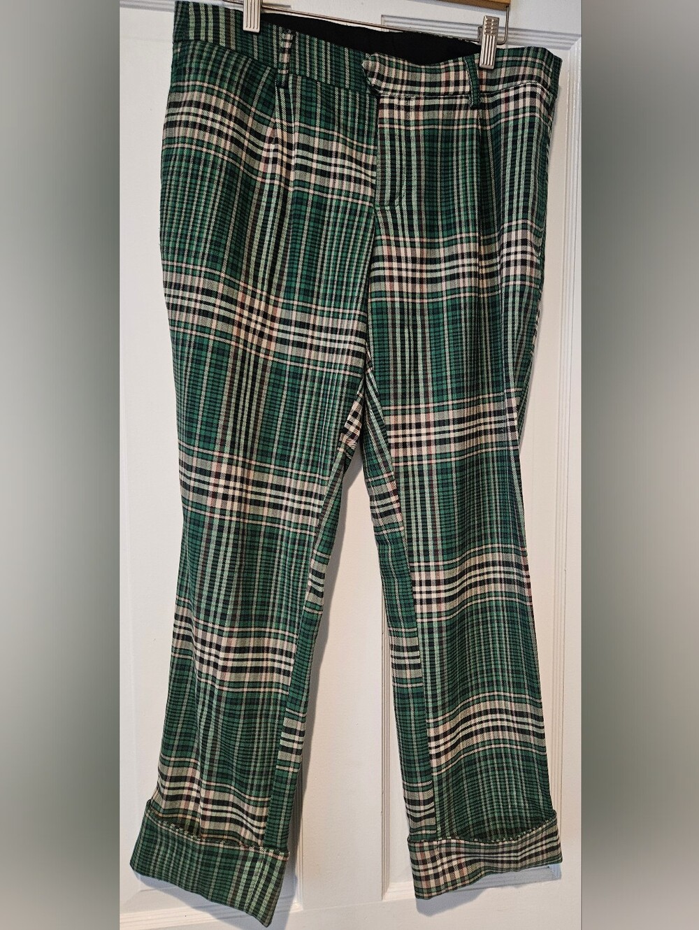 Free People Green and Cream Plaid Cuffed Straight-Leg Pants